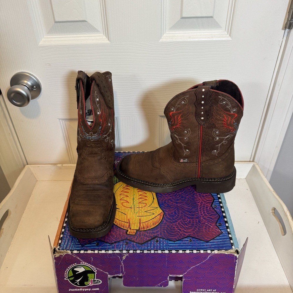 JUSTIN GYPSY Womens L9602 Cowgirl Brown Embroidered Leather Boots Sz 6B‎